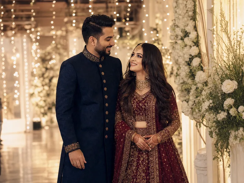 Bangladeshi wedding reception in Sylhet - bride in maroon and gold lehenga with groom in navy sherwani under fairy lights - Nabila and Imran's success story